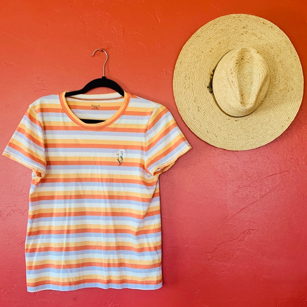 MADEWELL RAINBOW STRIPE EMBROIDERED DAISY TEESHIRT